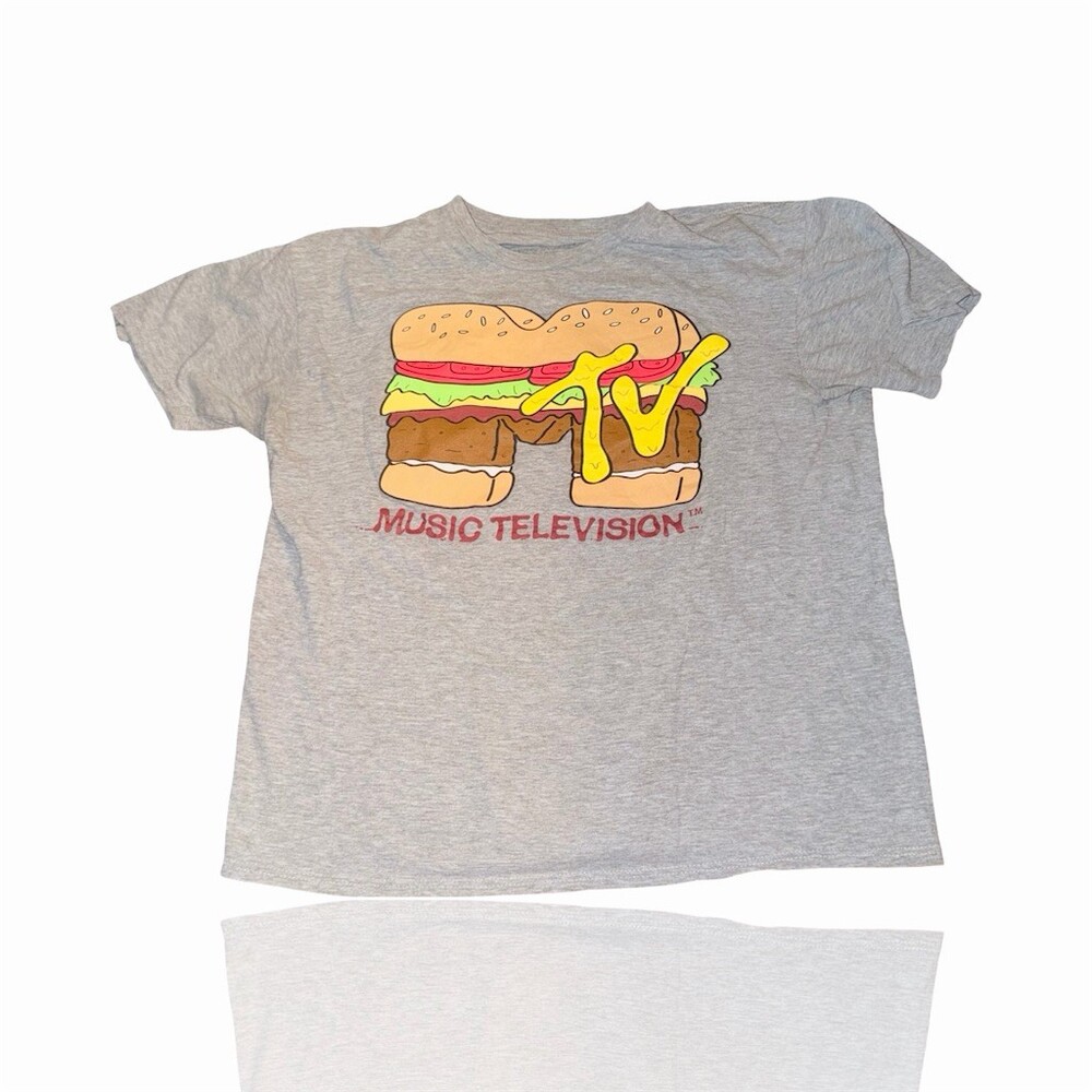 MTV T-Shirt Mens M Gray Burger Logo Graphic Print Crew Neck Short Sleeve